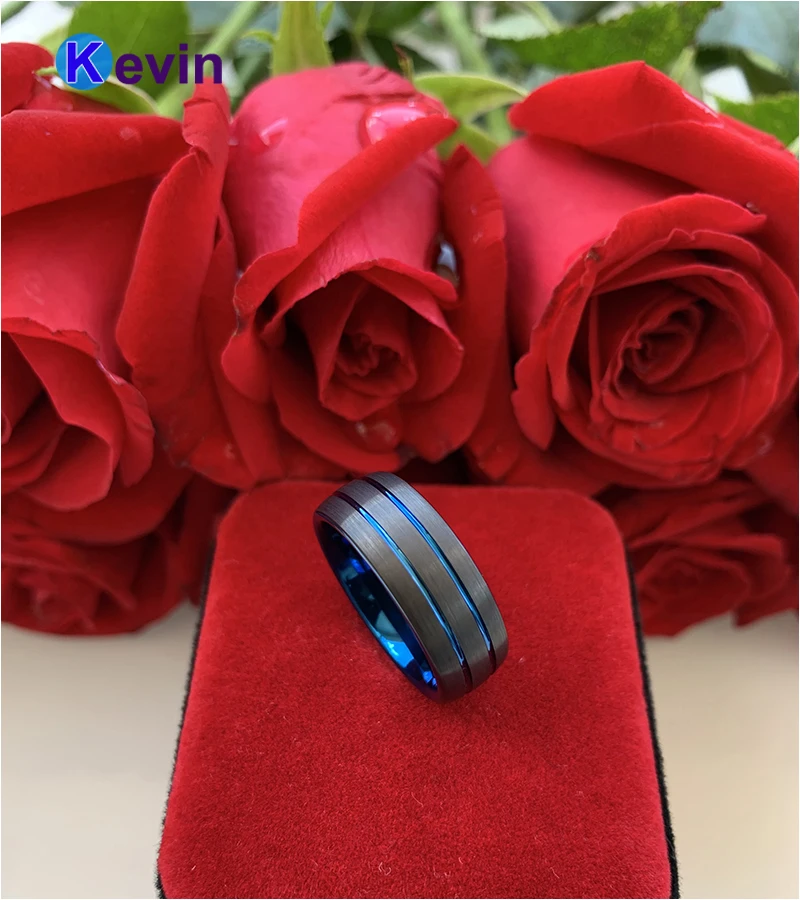 Вольфрамовое кольцо для мужчин черное синее обручальное и женщин удобное