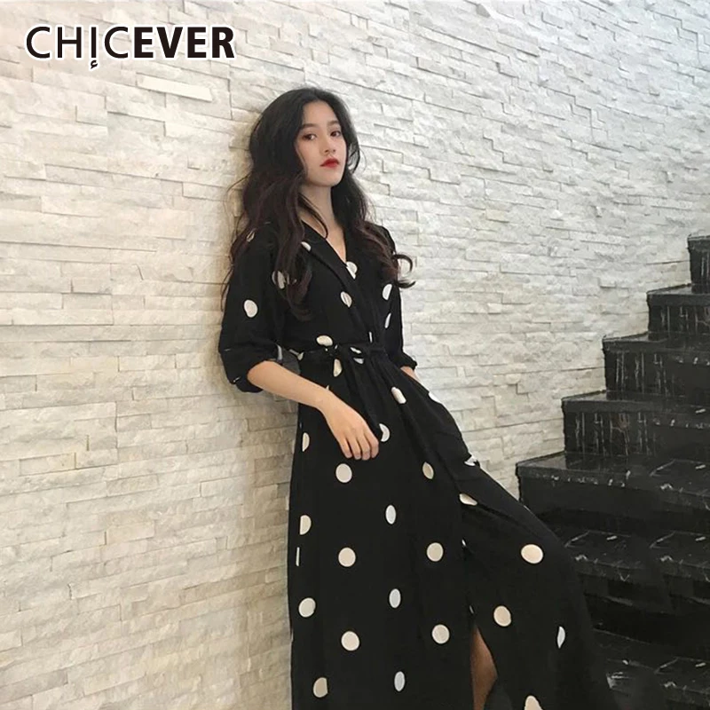 Женское длинное платье в горошек CHICEVER Повседневное Корейском стиле размера плюс