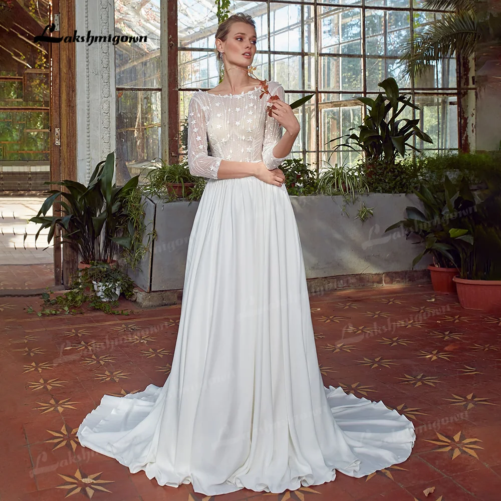 

Bohomia Wedding Dresses Boho Chiffon Long Sleeve Beach Bridal Gowns Scoop Neck Simple Bridal Dress vestido de novia Backless