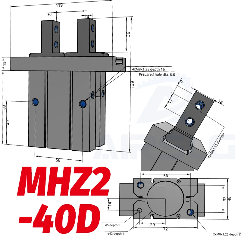 MHZ2-40D SMC тип MHZ2 двойного действия пневматический параллельный захват MHZ2-10D MHZ2-16D 20D 25D 32D 40D алюминиевые зажимы палец цилиндр - Color: MHZ2-40D