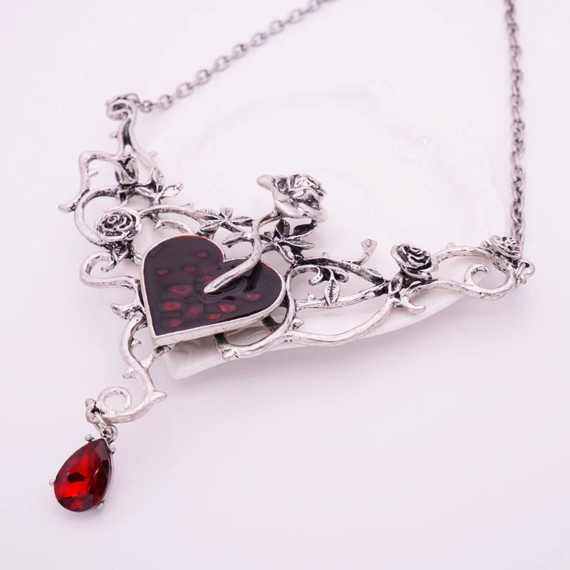 

Gothic Red Heart Rose Silver Color Metal Chain Jewelry Vintage Hyperbole Punk