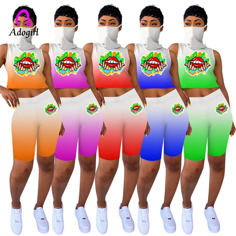 Neon Color 2 Piece Set Work Out Mask One Crop Tank Top Skinny Biker Shorts 2020 Summer Women Matching Tracksuit |