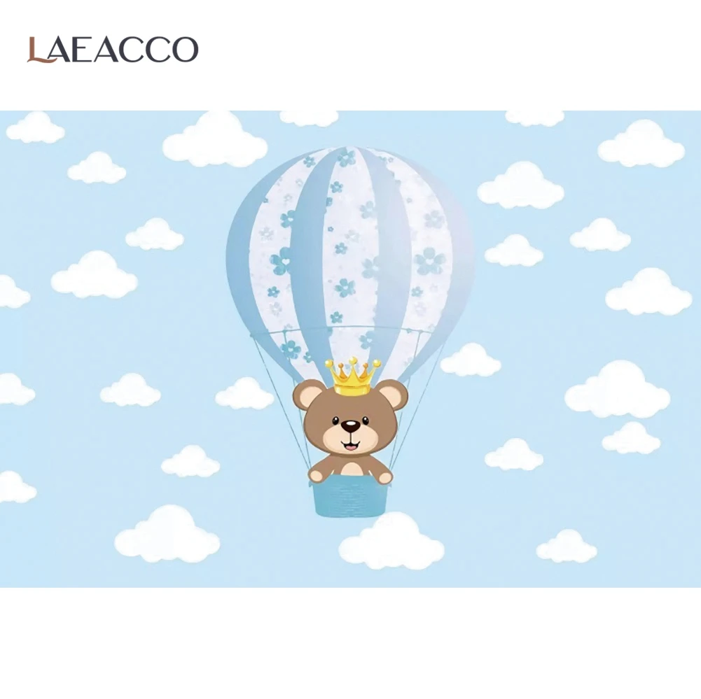 

Laeacco мультфильм корона медведь синие Горячие шары фотография Фон ребенок день рождения портрет облака фон для фотостудии