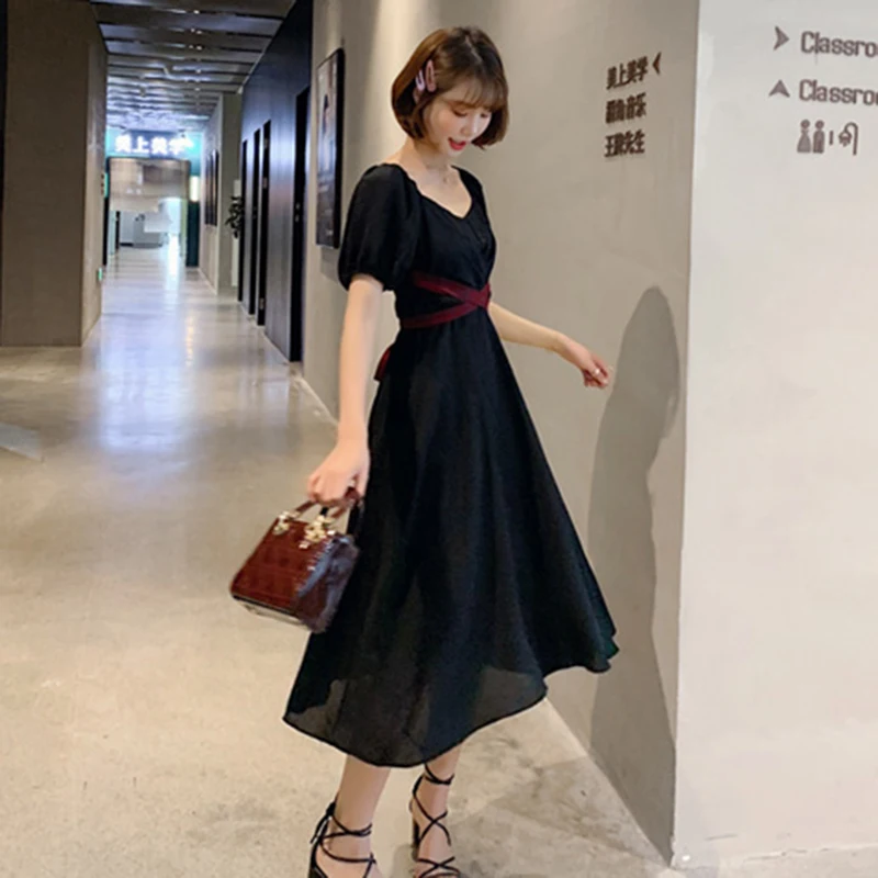 Приталенное платье миди летние французские корейские модные ретро платья с