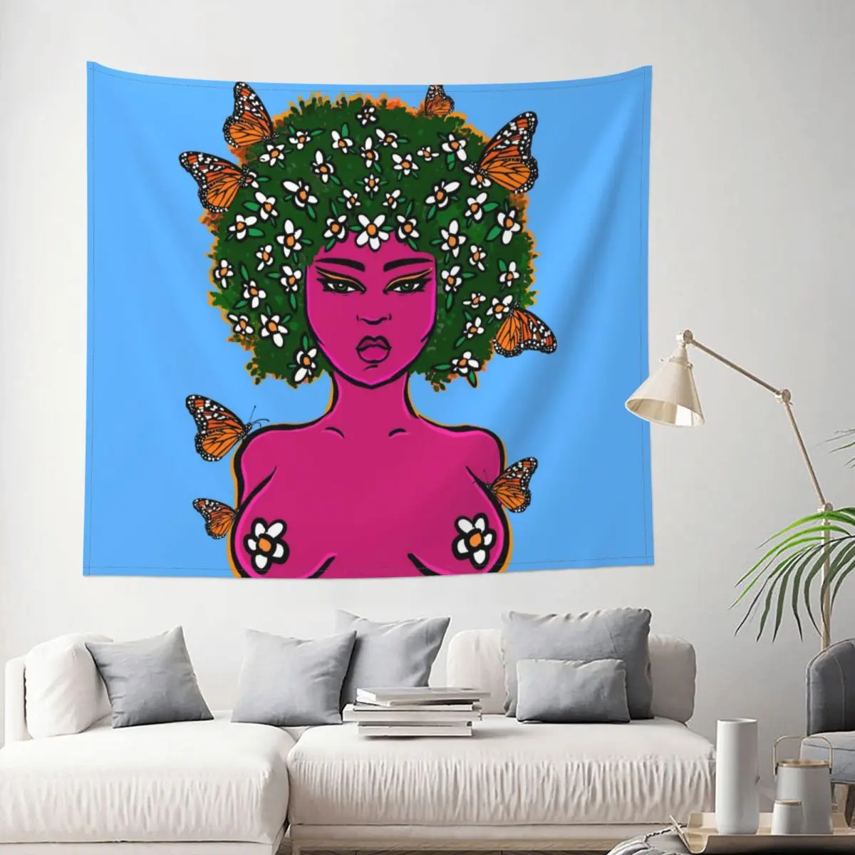 

Pink Girl Woman Butterfly Floral Tapestry Wall Hanging Hippie Polyester Tapestries Lady INS Wall Blanket Room Decor 95x73cm