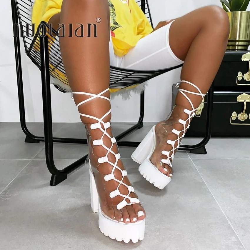 Женские ботинки на толстой платформе сексуальные искусственная кожа из ПВХ со