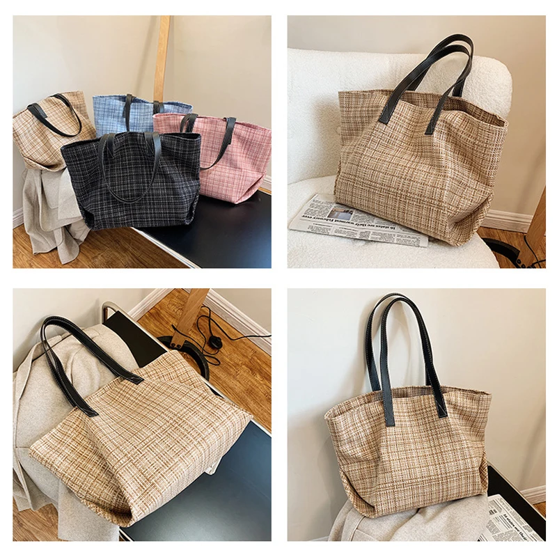 

Large Capacity Ladies Tote Bag Fashion Shoulder Bag 2021 New Temperament Plaid Casual Bag Reusable Shopping Large Handbag