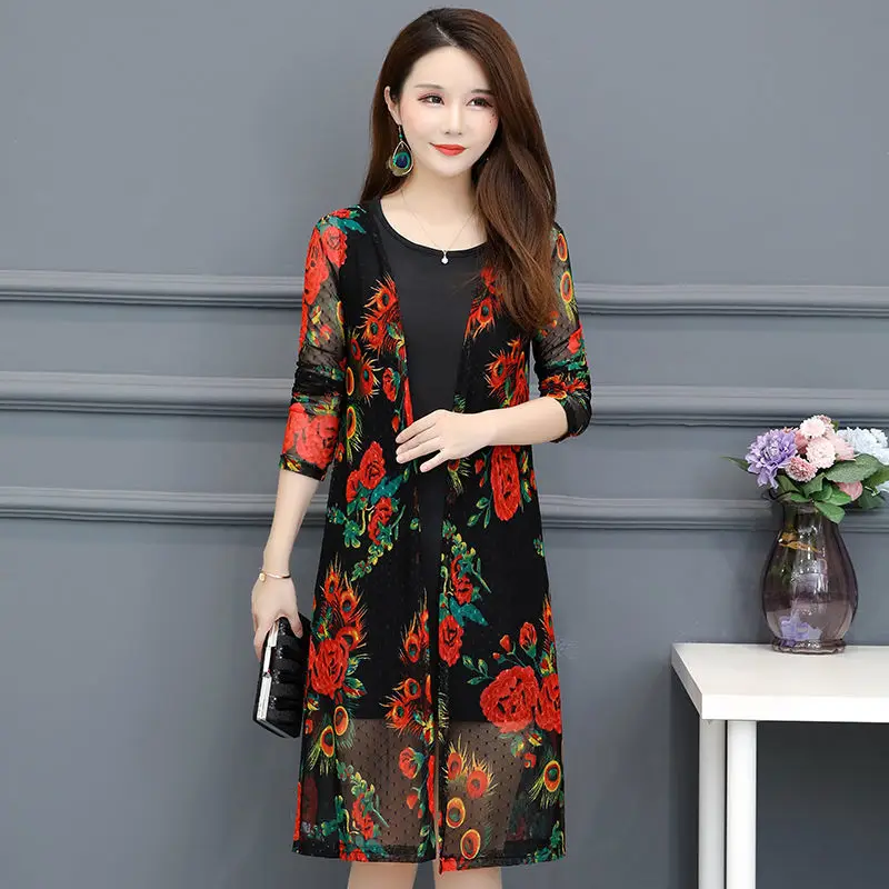

Spring Summer Women's Lace Cardigan Printed Mid-length Shawl Thin Middle-aged Women Air-conditioned Shirt Jacket Y558