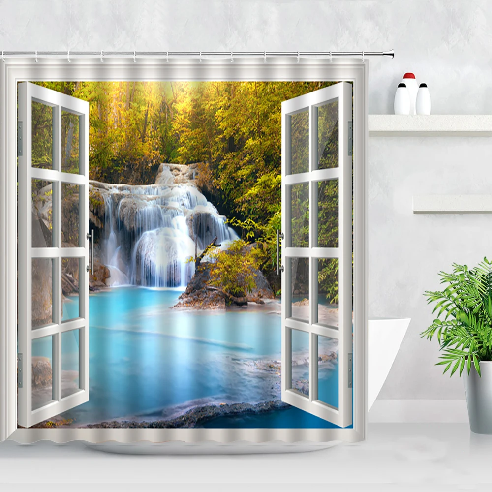 

Занавеска для душа, водонепроницаемая тканевая занавеска 3D с изображением водопада, пейзажа, креативный Декор для дома, занавеска на крючок...