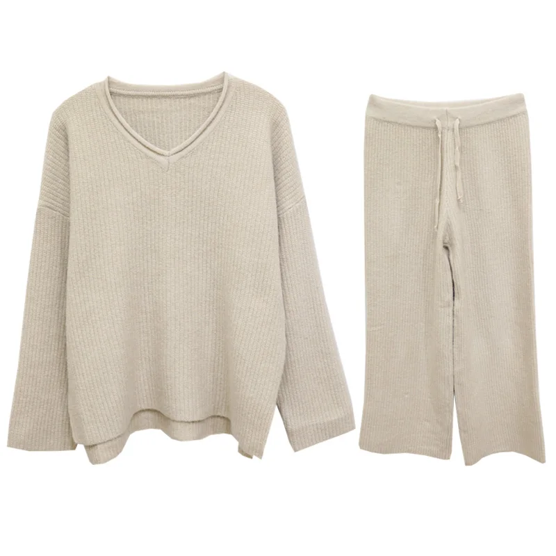 Women's new fashion suit solid color V-neck sweater with high waist knit wide leg pants two piece set top and pants