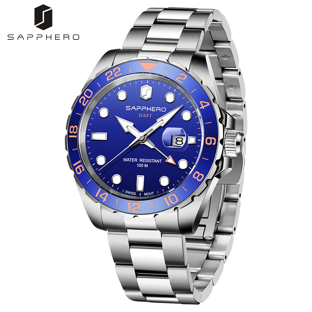SAPPHERO Mens GMT Watch 100M Waterproof Stainless Steel Swiss Quartz Movement Clock Classic Formal Sport Wristwatch Reloj Hombre