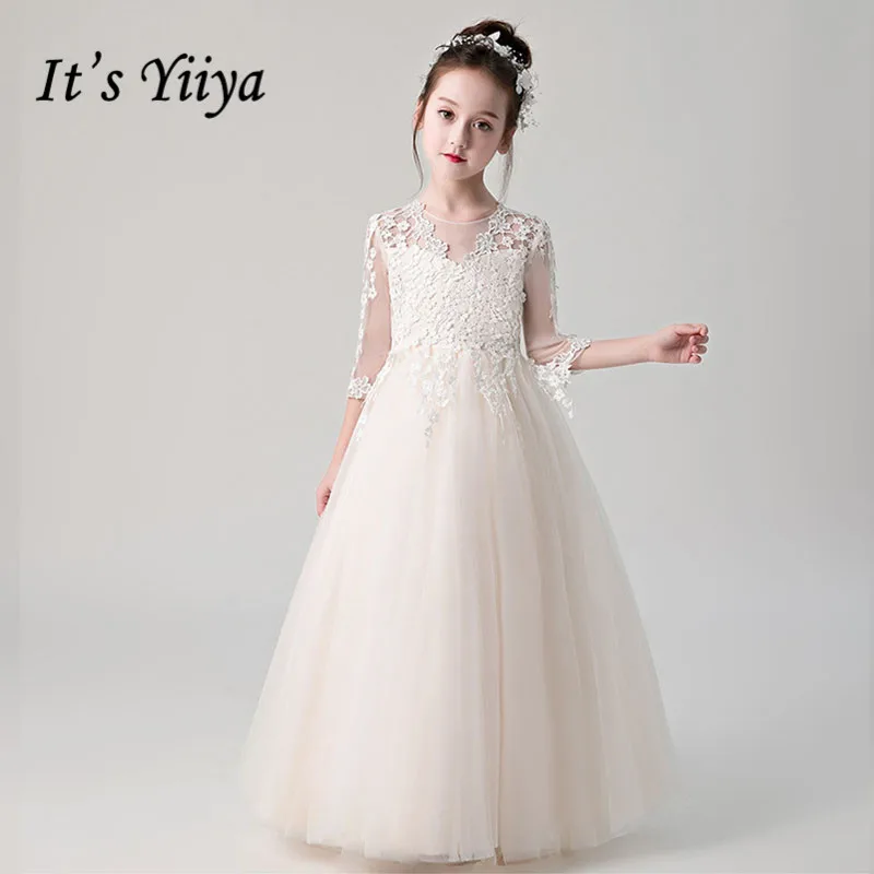 Свадебные платья для девочек с цветочным узором цвета шампанского Yiiya B037 Детское