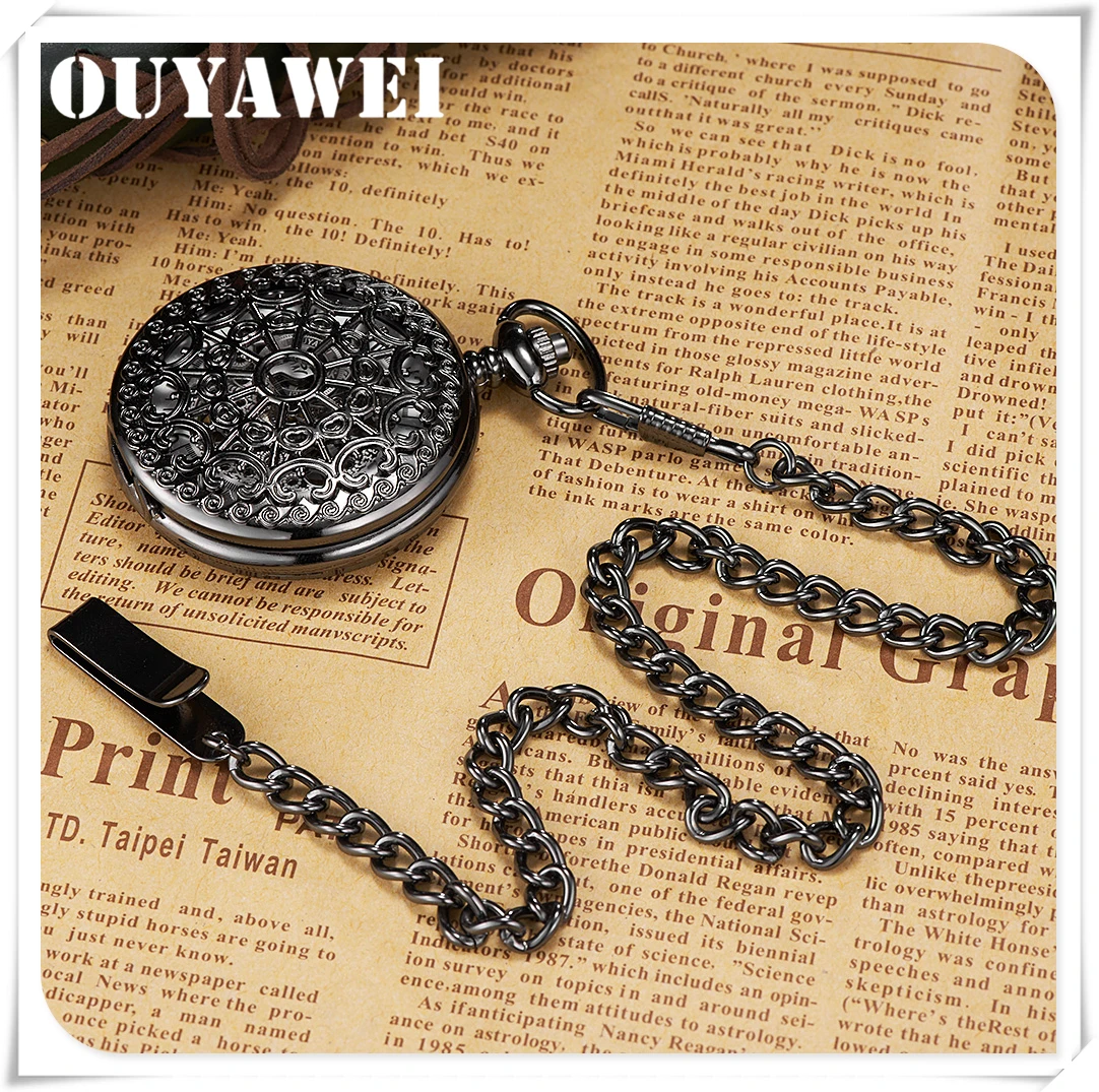 

OUYAWEI Retro Hand Wind Mechanical Pocket Watch With Fob Chain Mens Hollow Skeleton Dial Black Steel Fashion Pocket Watch Gifts