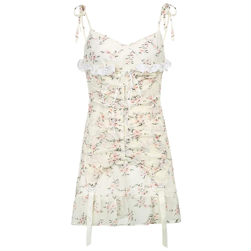 

2021 French Style Ruffleds Elegant Temperament Sweet Summer Dresses for Women Floral Print Lace Up Spaghetti Straps Mini Dress