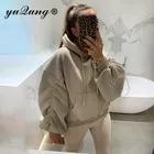 Yuqung Длинные Ruched фонарь рукав свободный свитер с капюшоном женские серые свободные осень-зима с капюшоном пуловер уличная топы