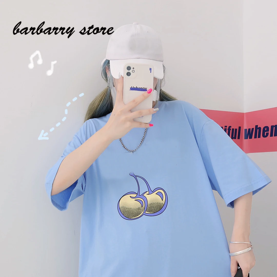 

luxury design cherry letter print women's half sleeve top fashion temperament slim short sleeve casual loose graphic T-shirt