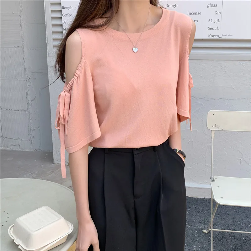 

Summer New O-neck Off Shoulder T Shirts Casual Loose Solid Korean Tops Fashion Brand Women Clothing Short Sleeve Tees Female Ins