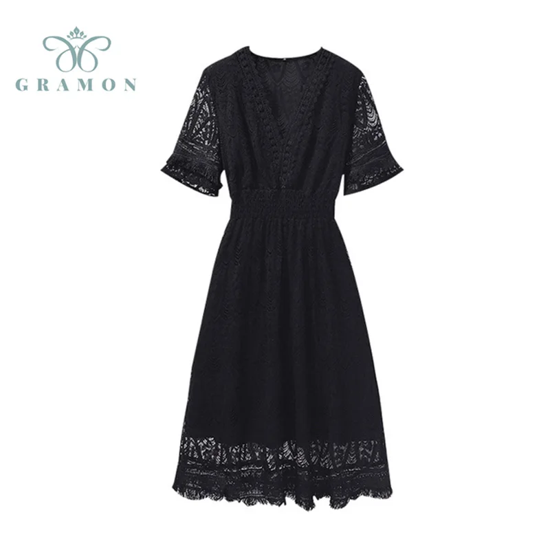 

French Hollow Out Black Dress V-Neck Sexy Women Lace Dress 2021 Summer Plus Size Female Semi-Sheer Short Sleeve Lace Maxi Dress