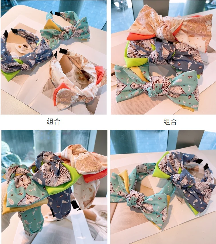 

Women Retro ethnic three-dimensional big bow color matching hairbands hit color headbands