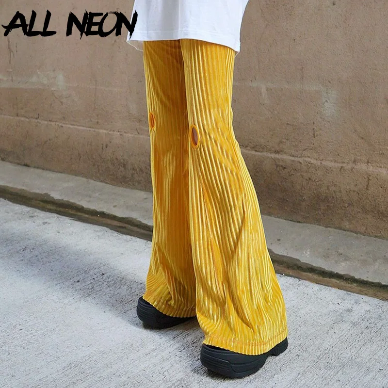 

ALLNeon Streetwear Y2K Fashion Ribbed Yellow Velour Flare Pants Harajuku 90s Retro High Waist Full Length Holes Slim Trousers