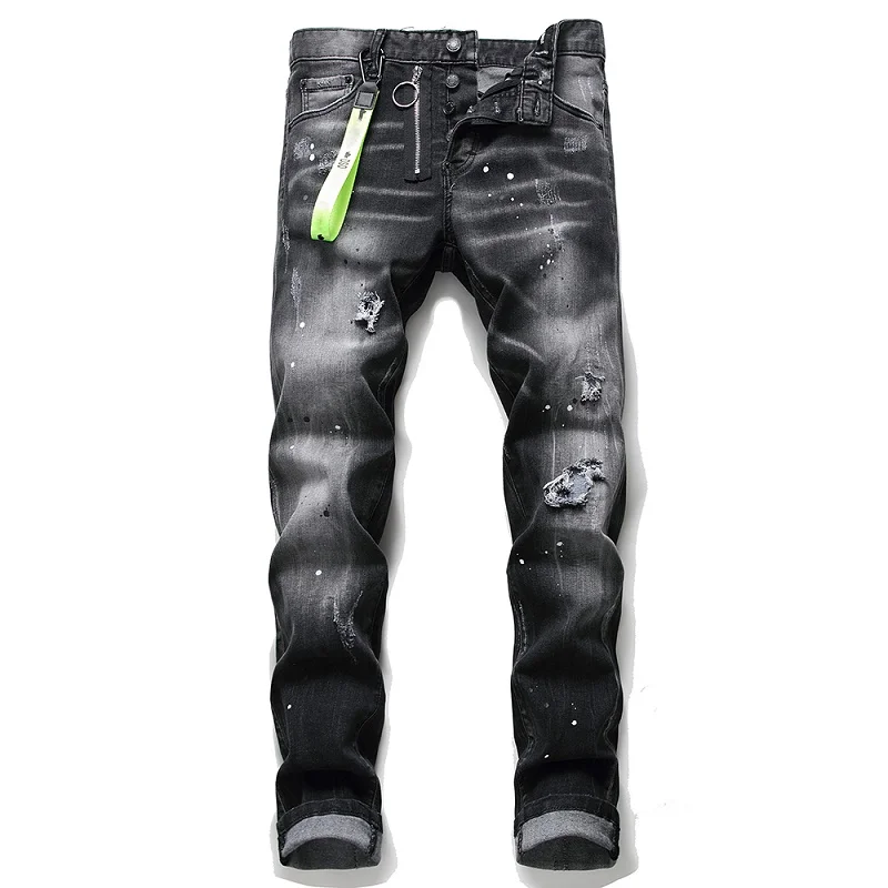 

Famous Brand European American Style Biker Jeans Men Slim Jeans Pants Mens Denim Trousers Zipper Black Hole Pencil Pants Jeans