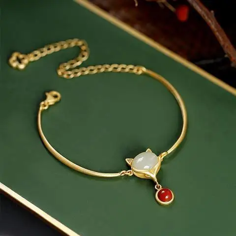 

Spring and Summer New S925 Sterling Silver Handmade Ancient Gold Original Bracelet Fox Spiritual Bracelet Natural Hetian Jade Je