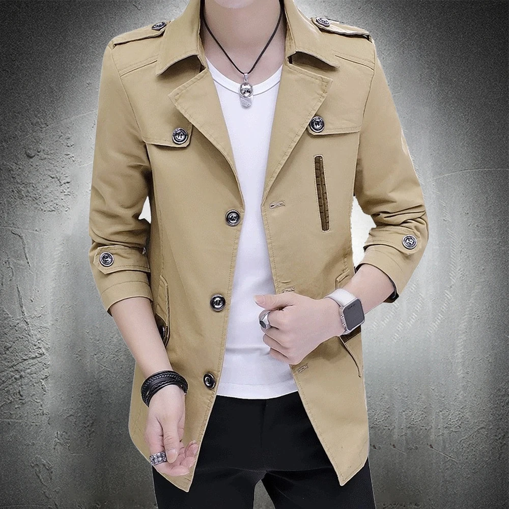 

2021 Men's Trench Coat Spring Autumn Men Long Coat Turndown Collar Young Men Casual Jacket Streetwear Cool Fashion Clothing