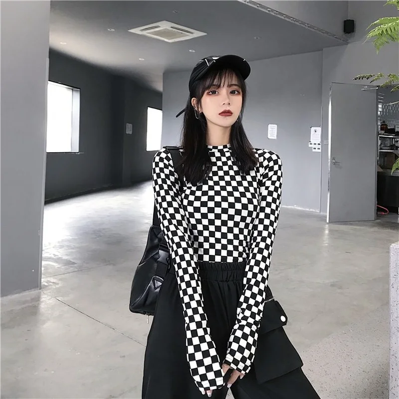 

Black and White Checkered Mesh Top Long Sleeve Mock Neck Cropped Top Women's Slim T-shirts Altgirl Outfit