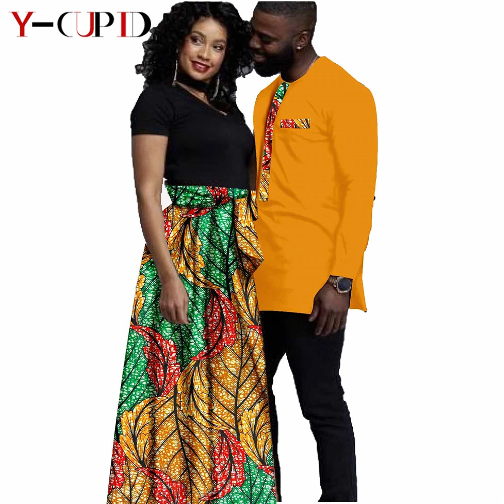 

Bazin Riche African Clothes for Couples Women Print Bowtie Long Skirts Matching Men Outfits Ankara Patchwork Shirts YS20C011