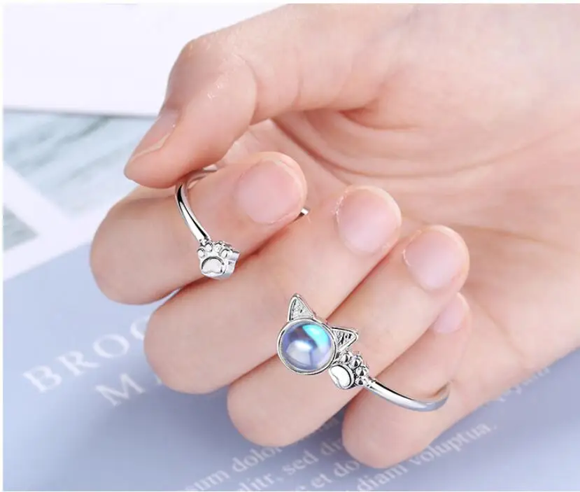 Женский браслет из серебра 925 пробы с изображением кота лунного камня свадебные