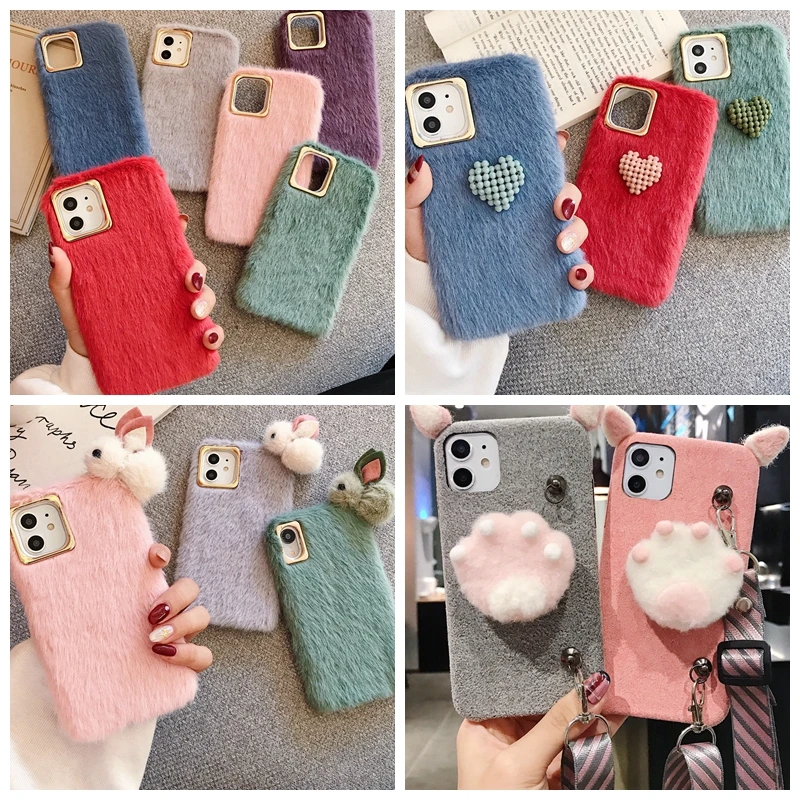 Зимний меховой чехол для телефона iPhone 11 Pro Max Rabbit 3D с сердцем X Xr Xs девочки 6s 8 7 Plus