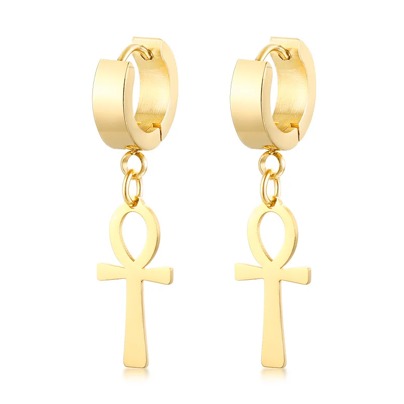 gold hoop earrings Вечный крест египетская Клеопатра Ankh серьги для мужчин ювелирные изделия антиквариат Черный Нержавеющая сталь египетская королева Анкара серьги - Окраска металла: gold hoop earrings