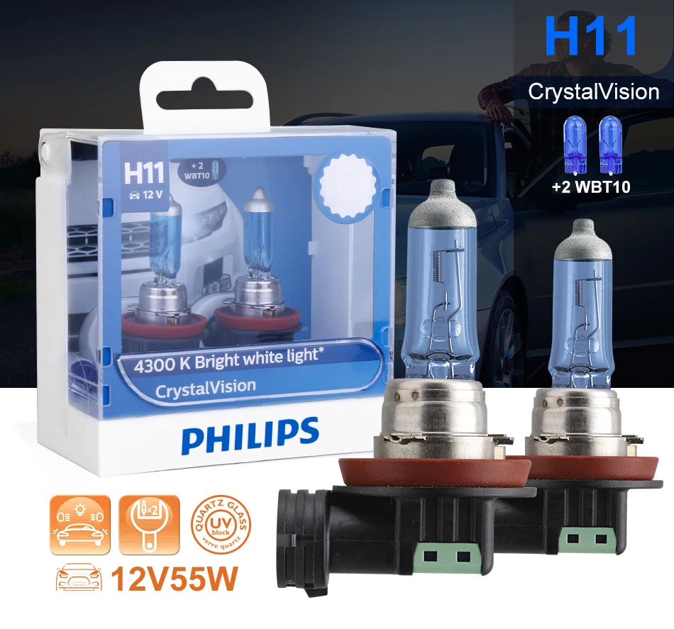 Philips h11 галогенный 55 Вт 12 В Crystal Vision 4300K яркий белый светильник, автомобильная лампа H8, головной светильник T10, подарок, оригинальные аксессуары для автомобиля, 2 шт