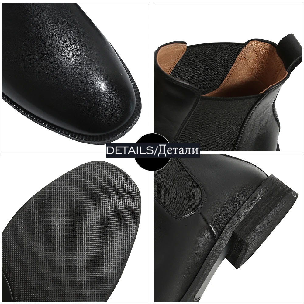 

ISNOM Genuine Leather Chelsea Boot Women Flat Ankle Boots Square Toe Slip On Chunky Heel Shoes Woman Booties Skid Proof