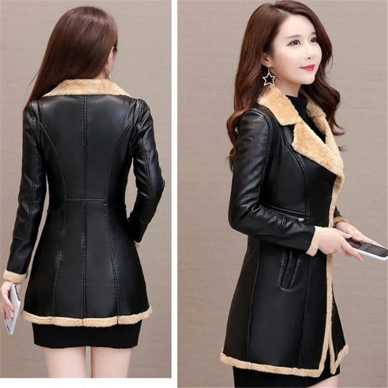 Модное кожаное женское пальто большого размера приталенное осень 2019 средней
