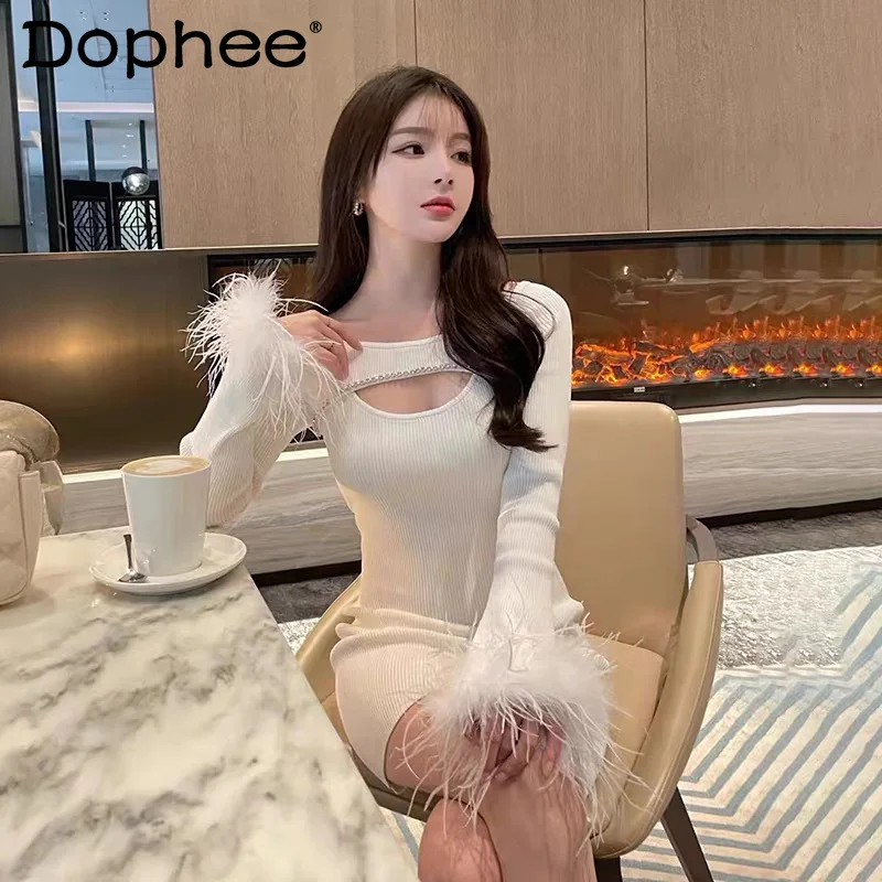 

Женское трикотажное мини-платье с перьями, Белое Облегающее Платье с круглым вырезом и длинным рукавом, весна-осень 2022