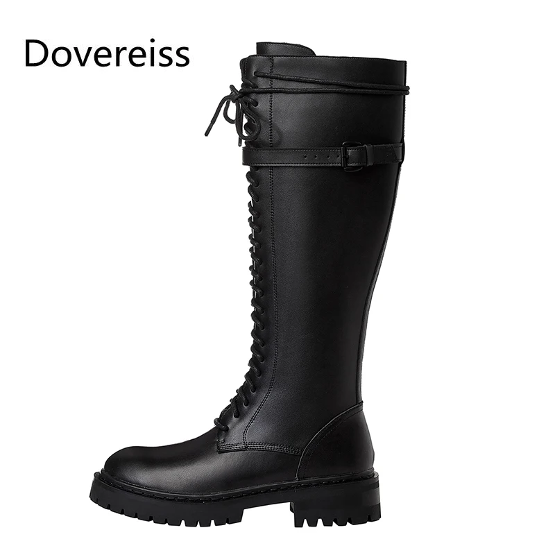

Dovereiss Fashion Women's Shoes Winter Sexy Elegant sexy cowhide Concise Cross tied Mature Round toe Knee high boots 34-41
