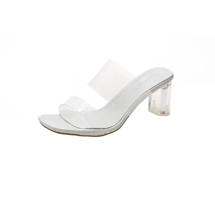 

2021 summer ins net red same one word transparent high heel sandals women thick heel crystal heel sexy sandals