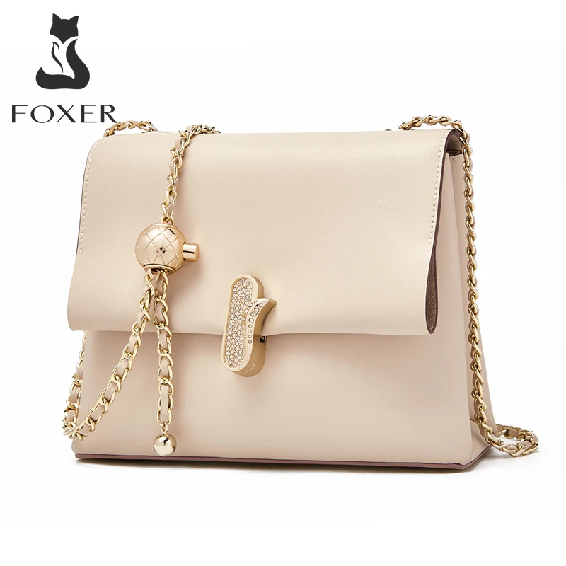 FOXER Split Leather Lady Golden Ball Adjustable Chain Shoulder Bag Simple Large Capacity For Women Square Crossbody Female Purse
