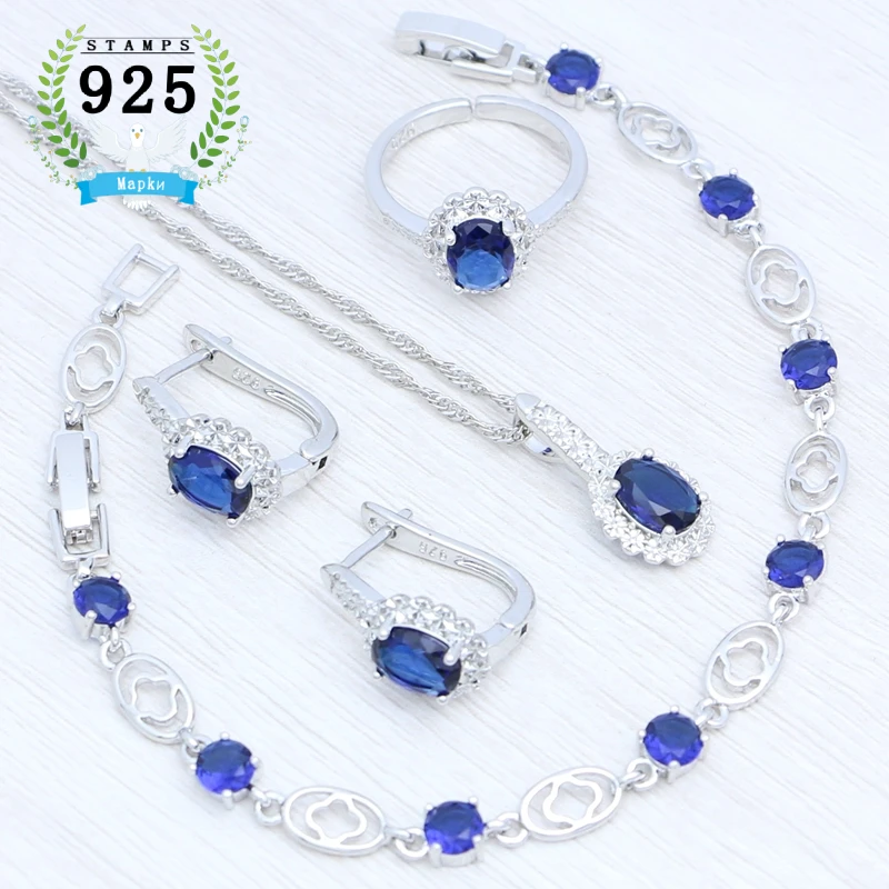 925 Silver Jewelry Set for Women Party Jewelry Blue Cubic Zirconia Earrings Pendant Chain Bracelet Open Ring Free Jewelry Box