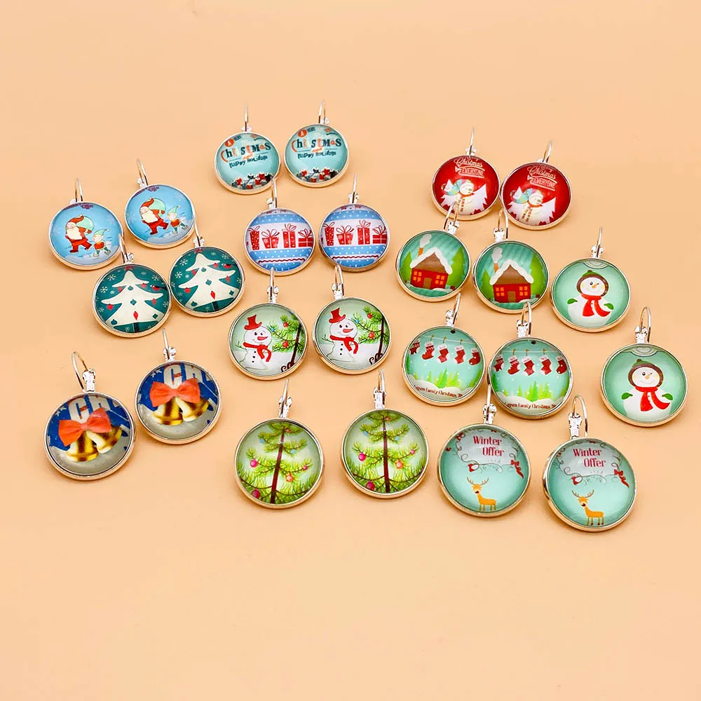 

New Glass Cabochon Time Gem Earrings Elk Christmas Tree Cartoon Bell Santa Claus Stud Earrings For Women Fashion Jewelry