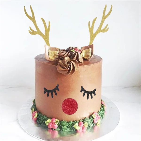 

1set Merry Christmas Cake Topper Cute Gold Deer Elk Antlers Eyes Cake Toppers For Kids Birthday Xmas New Year Party Decor Noel