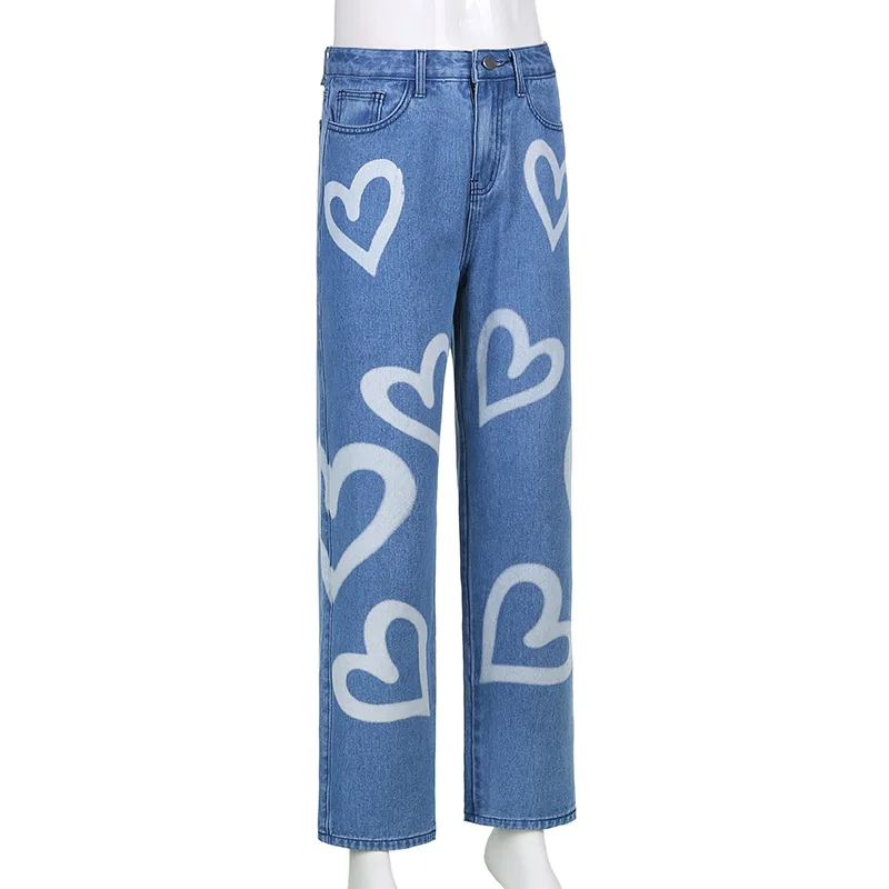 

Heart Printed Y2K High Waist Jeans Women Casual Straight Long Trousers Vintage Denim Pants Capris Skinny