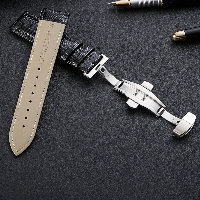 Lizard Texture Butterfly Buckle Leather Watchband Leather Watch Strap Universal Watch Band 14mm 16mm 18mm 20mm 22mm 24mm