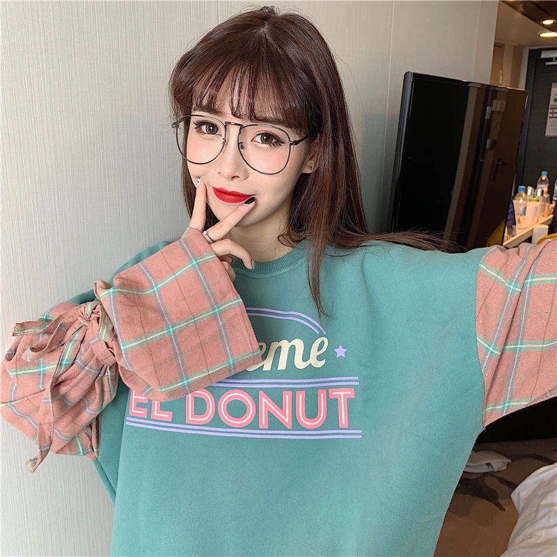 

Women's Clothing o-neck patchwork Harajuku loose Sweatshirts long sleeve pullovers preppy style new Spring autumn plaid tops