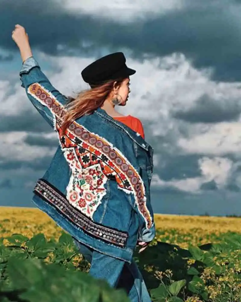 Новая декорированная джинсовая куртка YAMDII в стиле бохо Женская осенне-зимняя