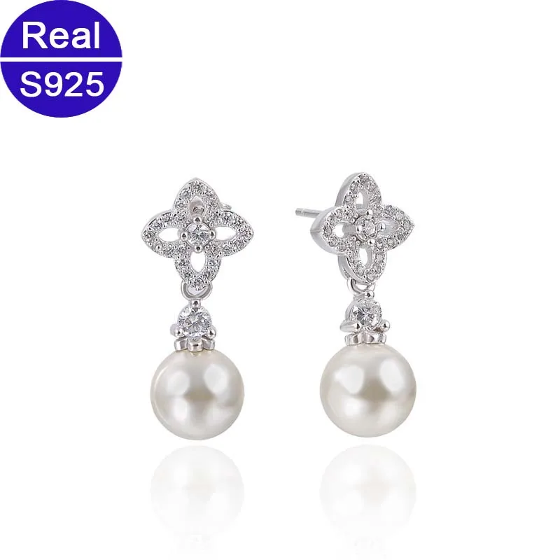 

Fashion Elegant Classic Design Sparkling Zircon Flower Eardrop For Women 925 Sterling Silver Drop Earrings With Shell-made Pearl