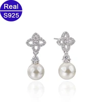 fashion elegant classic design sparkling zircon flower eardrop for women 925 sterling silver drop earrings with shell made pearl