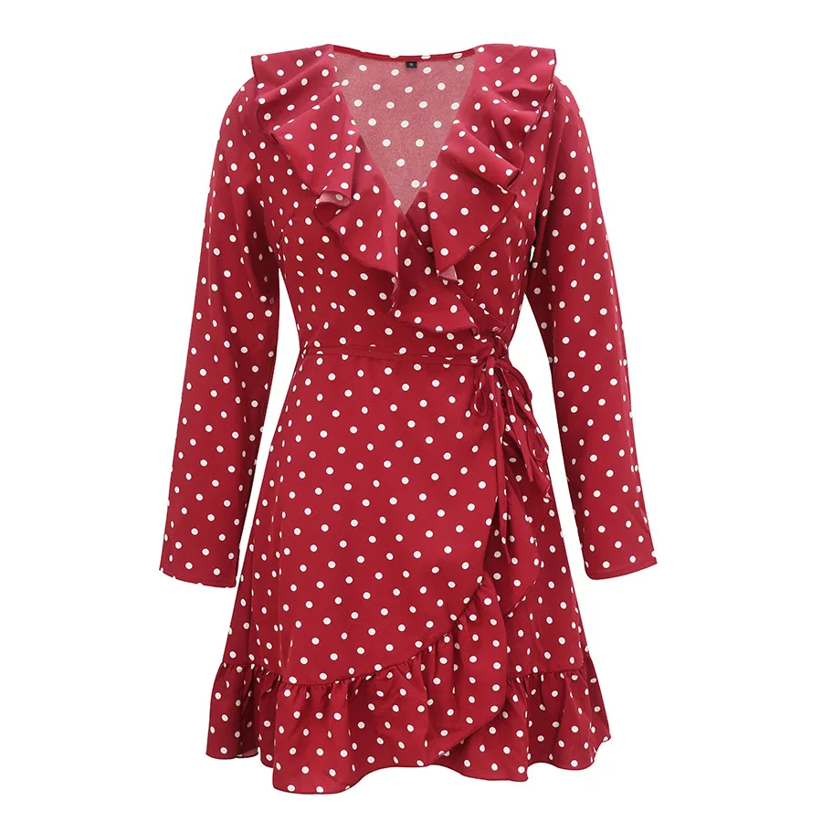 

Casual polka dot wrap dress elegant office lady short dress women 2020 female ruffle long sleeve dress autumn winter vestidos