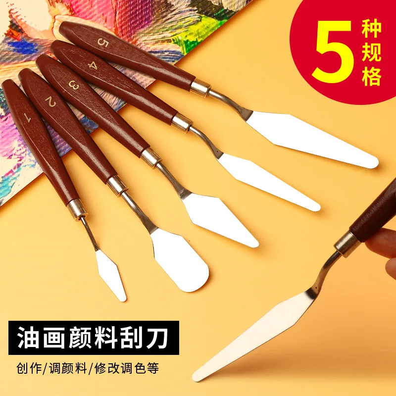 

Wholesale 5pcs set Art Scraper Oil Painting Scraper Wooden Handle with Stainless steel blade Color Matching Knife Set